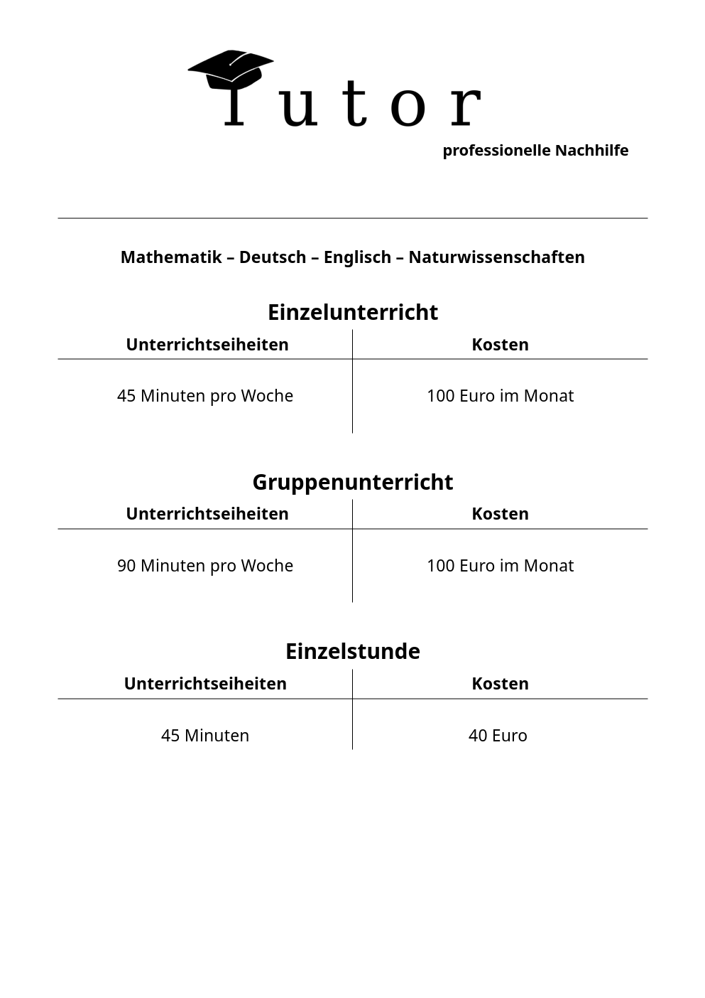 Preise- 100€ pro Monat